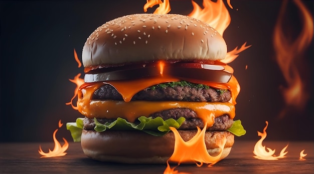 Köstlicher Burger mit Feuerflammen