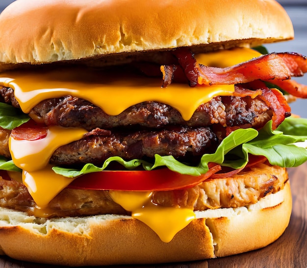 Köstlicher Burger mit Rinderspeck und Pommes Frites auf Holzbrett in der Nähe