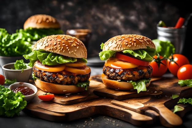 Köstlicher Burger mit saftiger Soße, Tomatenscheiben und Salat auf Küchenhintergrund