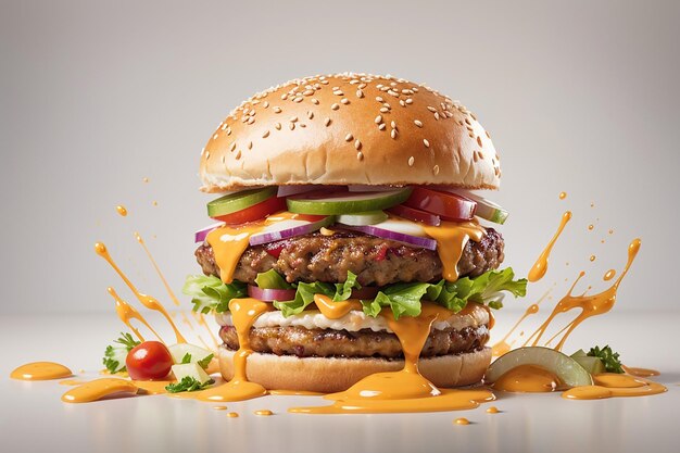 Köstlicher Burger mit vielen Zutaten, isoliert auf weißem Hintergrund. Leckere Cheeseburger-Splash-Sauce