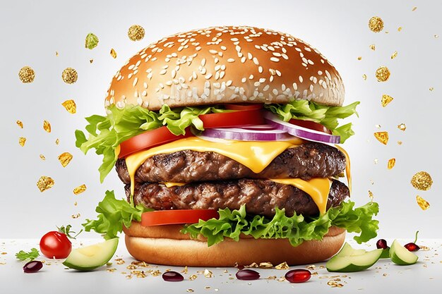 Köstlicher Burger mit vielen Zutaten isoliert auf weißem Hintergrund. Leckere Cheeseburger-Splash-Sauce