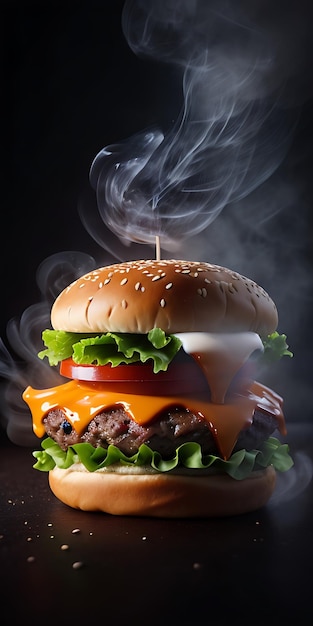 köstlicher Burger mit warmem Rauch und schwarzem Hintergrund