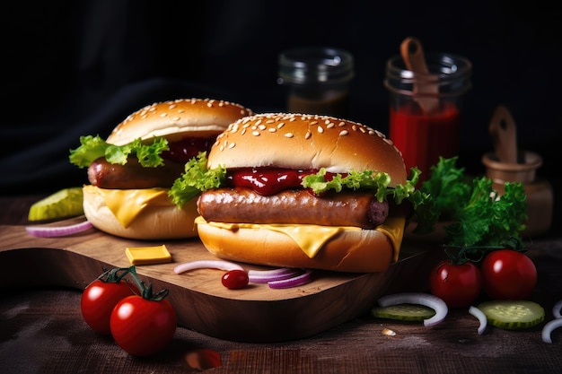 Köstlicher Burger und Hotdog mit Brötchensenf und Ketchup