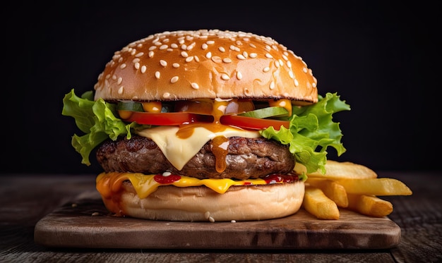 Köstlicher Burger und Pommes aus einem Fast-Food-Laden. Erstellen mit generativen KI-Tools