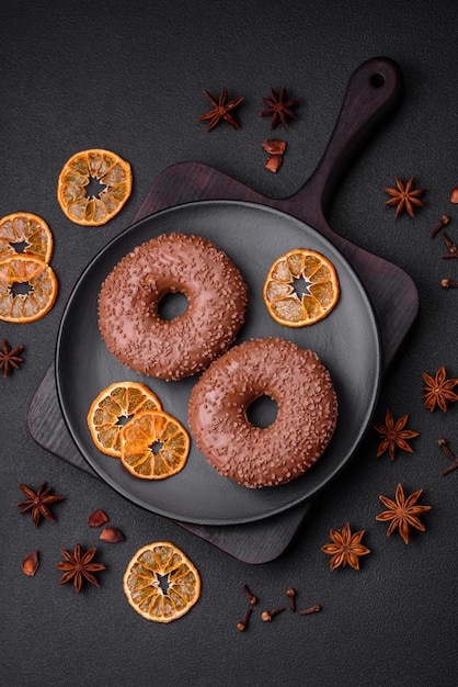 Köstlicher Donut mit Schokoladenglasur, bestreut mit Schokoladenstückchen