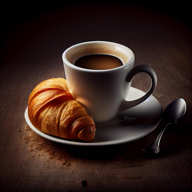 Köstlicher Espresso, weiße Tasse und Croissant, generative ai