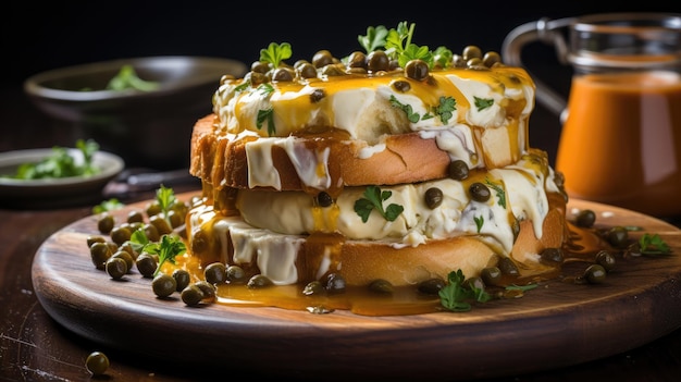 Köstlicher frisch gebackener Bagel mit Kapern und Frischkäse auf einem Holzschneidebrett