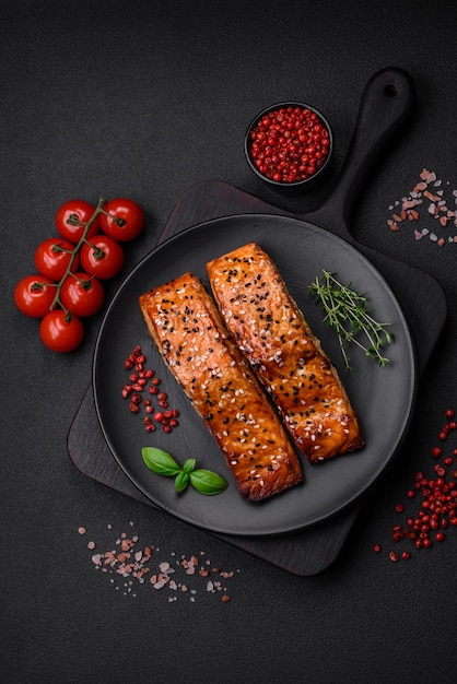 Köstlicher frisch gegrillter roter Fisch mit Salz, Gewürzen und Kräutern auf dunklem Betongrund