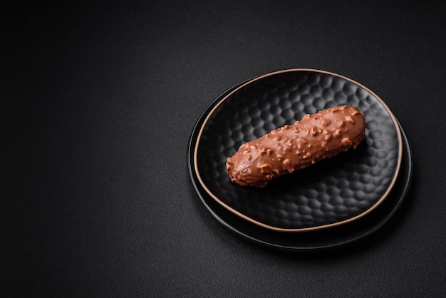 Köstlicher frischer Eclair-Kuchen oder Kränzchen mit Schokolade und Nüssen