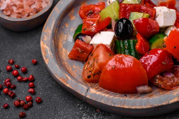 Köstlicher frischer saftiger griechischer Salat mit Feta-Käse, Oliven, Paprika und Tomaten