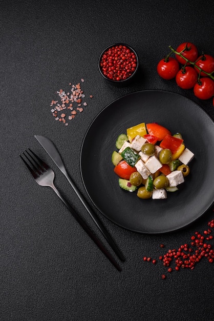 Köstlicher frischer saftiger griechischer Salat mit Feta-Käse, Oliven, Tomaten, Gurken, Pfeffer, Salz und Gewürzen auf dunklem Betongrund