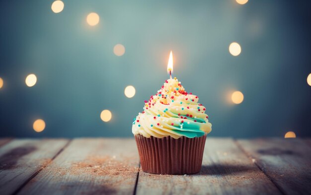 Köstlicher Geburtstags-Cupcake auf dem Tisch auf hellem Hintergrund