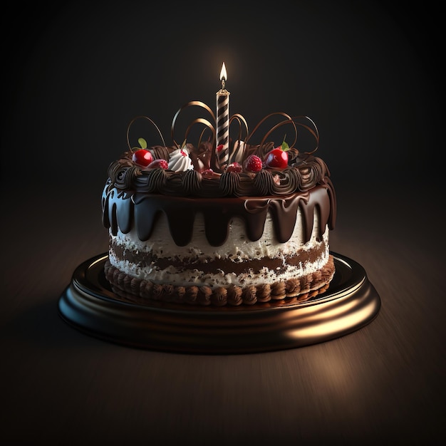 Köstlicher Geburtstagskuchen Jahrestag Eine Kerze in einem mehrschichtigen Kuchen mit Schokolade Dessert süßes Gebäck 3D-Darstellung