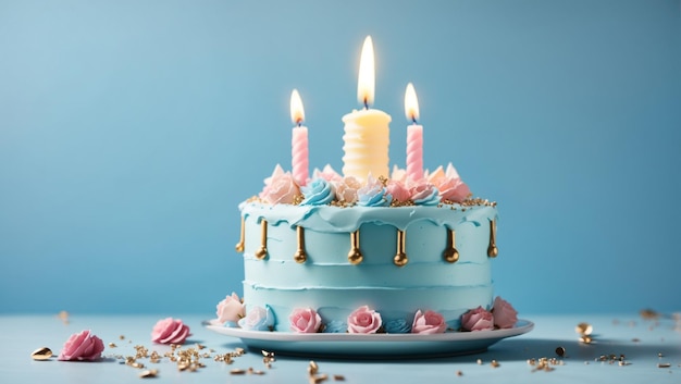 Köstlicher Geburtstagskuchen mit Kerze auf blauem Hintergrund. Hintergrund mit Kopierraum