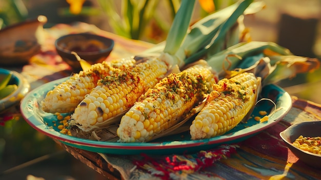 Köstlicher gegrillter mexikanischer Straßenkorn mit Toppings und Limette