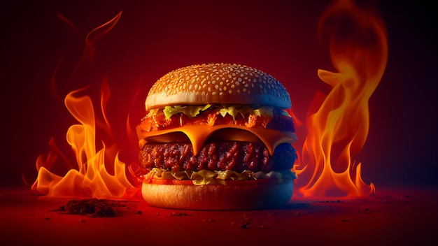 Köstlicher großer Fleischburger mit Flamme, roter Hintergrund,