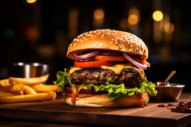 Köstlicher Hamburger auf einem Holzbrett mit Bokeh-Hintergrund Generative KI