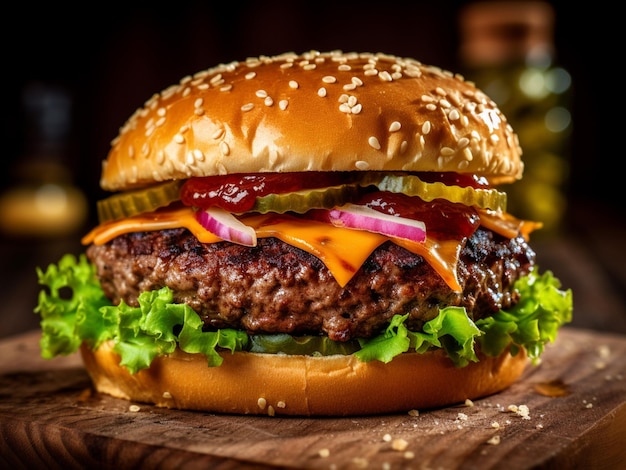 Köstlicher Hamburger auf einem Holzschneidebrett