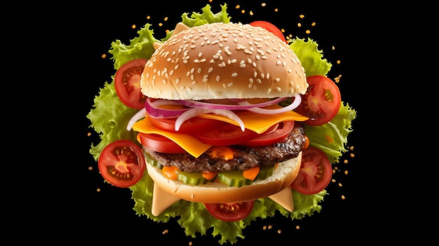 Köstlicher Hamburger isoliert auf schwarzem Hintergrund für die Speisekarte und Werbung für Premium-Burger-Kunst
