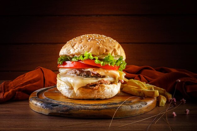 Köstlicher Hamburger mit Pommes frites auf Holztisch und braunem Stoff