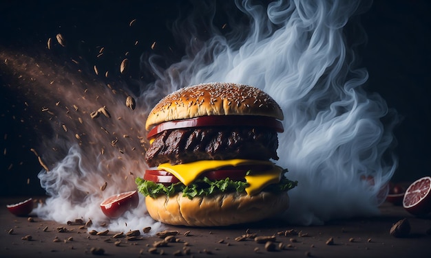 Köstlicher Hamburger mit Pommes Frites und Ketchup auf einem Holztisch