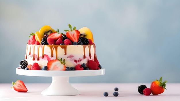 Köstlicher hausgemachter Kuchen mit frischen Beeren und Mascarpone-Creme auf grauem Hintergrund Generative KI