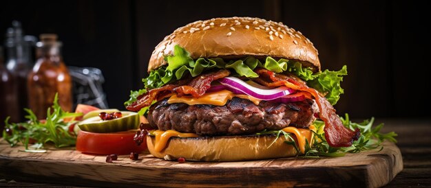 Köstlicher hausgemachter Rindfleischburger mit Speck und Gemüse auf Holz-Serving-Board