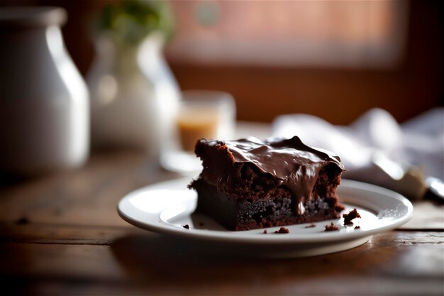 Foto köstlicher hausgemachter schokoladenbrownie in weißer keramikplatte auf rustikalem holztisch ai generiert selektiver fokus