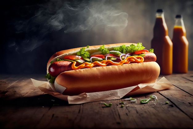 Köstlicher Hot Dog auf rustikalem Holztisch AI generiert Fast Food Street Food