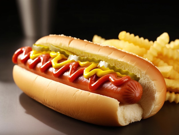 Köstlicher Hot Dog mit Senfketchup und Pommes Frites. Ein köstlicher Leckerbissen. Generative KI
