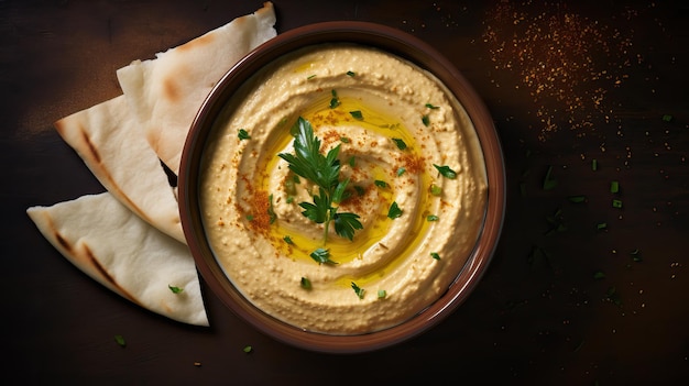 Foto köstlicher hummus mit frischem gemüse und flachbraten