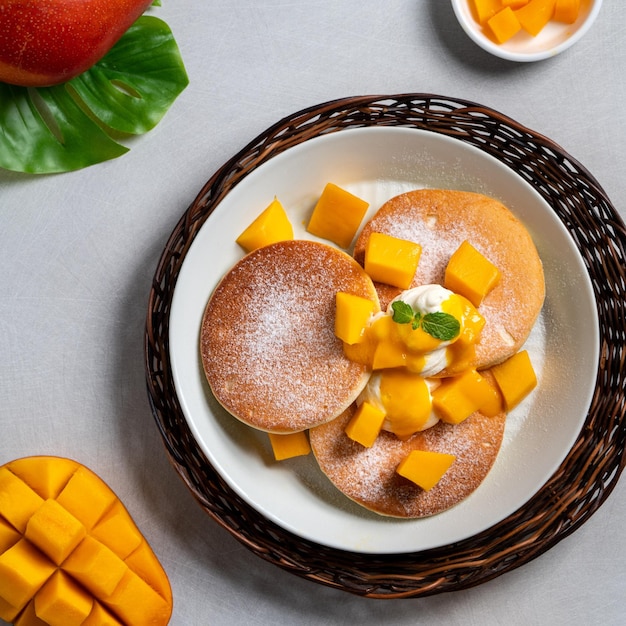 Köstlicher japanischer Souffle-Pfannkuchen mit Mangowürfeln und Marmelade auf weißem Tischhintergrund