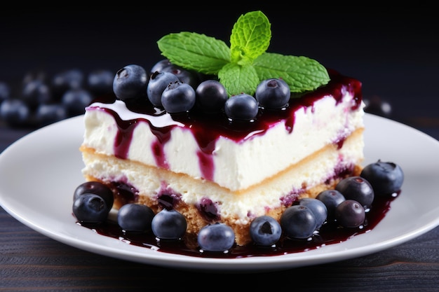 Köstlicher Käsekuchen mit Blaubeere und Minze auf dem Teller