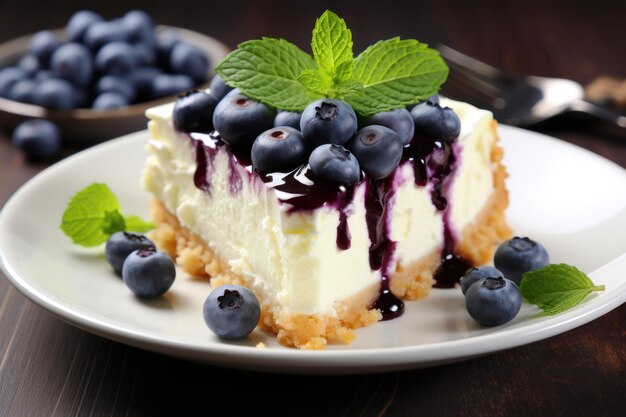 Köstlicher Käsekuchen mit Blaubeeren und Minze auf dem Teller in Nahaufnahme