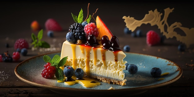 Köstlicher Käsekuchen mit frischen Beeren auf einem Teller mit verschwommenem Hintergrund