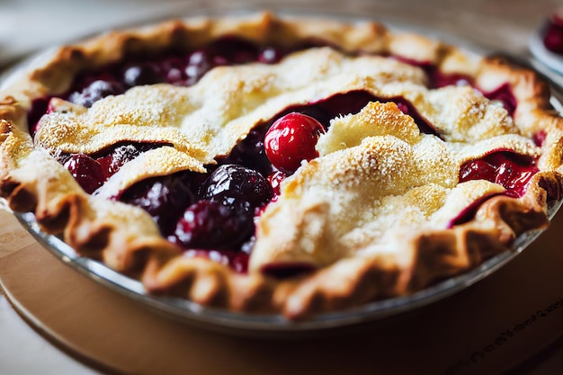 Köstlicher Kirschkuchen mit goldenen Teigschichten in Form von Dekoration oben drauf