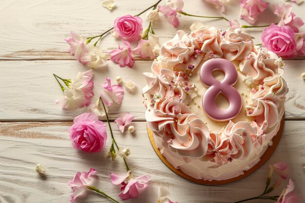 Köstlicher Kuchen mit Nummer acht und Blumen auf einem weißen hölzernen Tisch Geschenk für den Frauentag