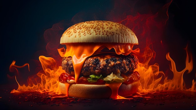 Köstlicher massiver Fleischburger mit Flamme, roter Hintergrund