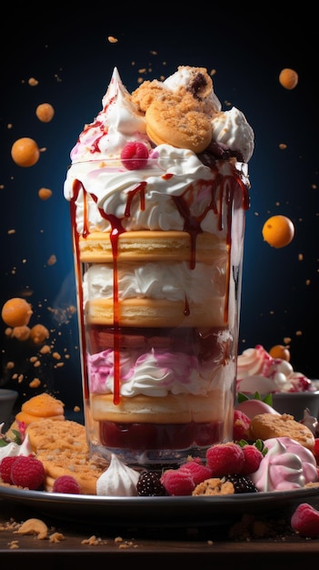 Köstlicher Milchshake-Turm mit Erdbeer-Blaubeer-Frucht-Eiskuchen und Keksen