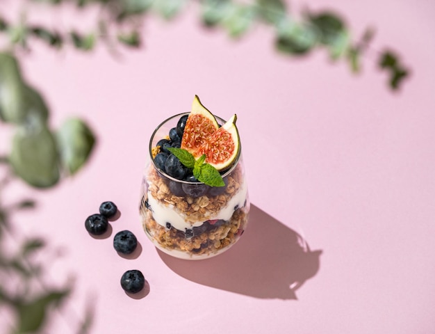 Köstlicher Naturjoghurt mit Granola-Feigen und Heidelbeeren in einem Glas auf rosafarbenem Hintergrund mit Blättern und Schatten