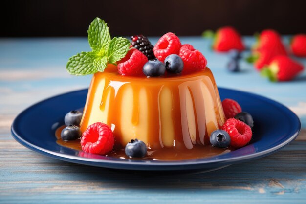 Köstlicher Pudding mit Karamell und Beeren auf einem blauen Holztisch