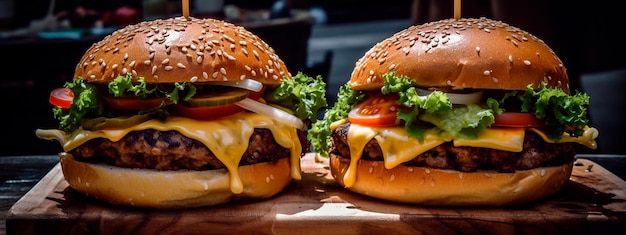 Köstlicher Rindfleisch-Burger-Käse und Gemüse auf einem Holztisch eines Straßencafés. Generative KI