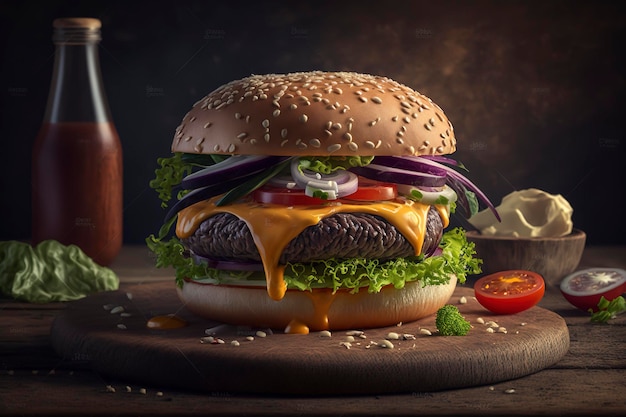 Köstlicher Rindfleischburger mit Käse und Salat, dunkler Hintergrund und Kontrastbeleuchtung
