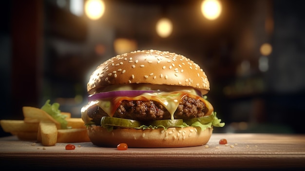 Köstlicher saftiger Burger mit Schnitzel und Käse und Pommes Frites Generative AI