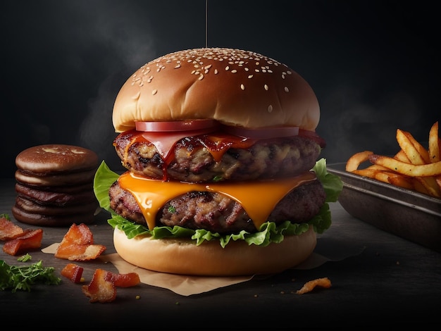 Köstlicher saftiger Hamburger-Cheesburger-Burger mit Fleisch, Rindfleisch, Schweinefleisch, Pastetchen, Zwiebeln, Tomaten, Salat p