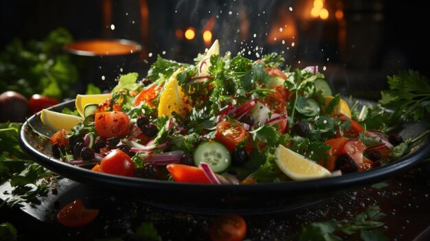 Köstlicher Salat voller Gemüse auf einem Teller mit unscharfem Hintergrund