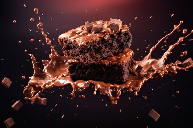 Foto köstlicher schokoladen-brownie, der in der luft schwebt