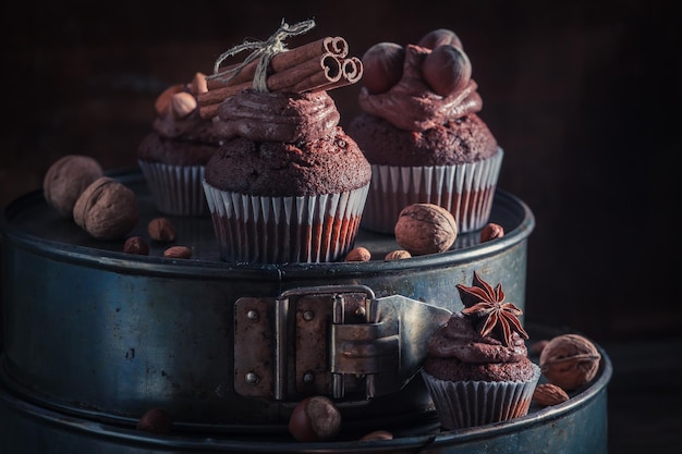 Köstlicher Schokoladen-Cupcake aus Sahne und Nüssen