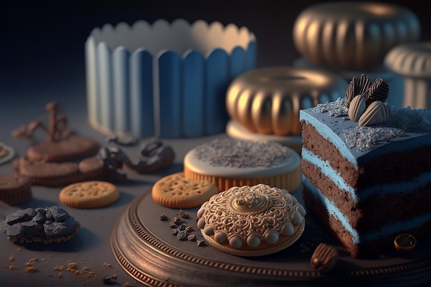 Köstlicher Schokoladenkuchen-Brownie auf Teller Bäckerei hausgemacht Nahaufnahme von Kuchenstücken mit generativer KI