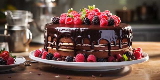 Köstlicher Schokoladenkuchen mit frischen Himbeeren auf den Kuchenform-Desserts